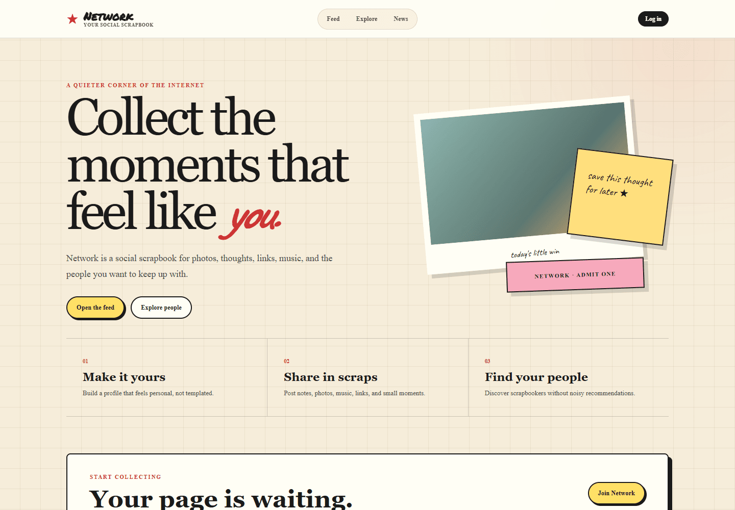 Network’s cream-coloured public landing page with scrapbook-style illustrations
