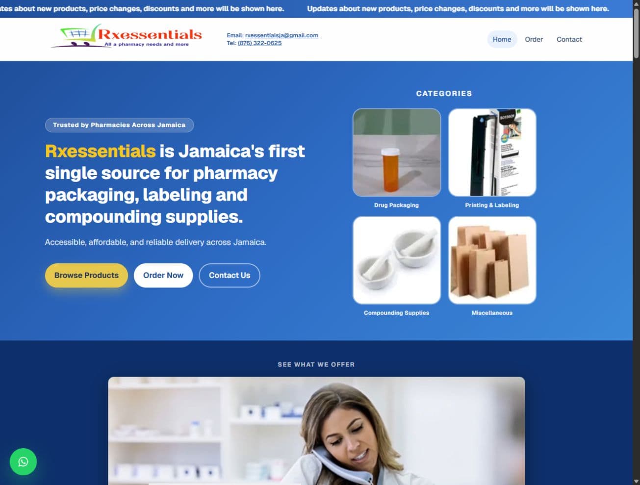 RX Essentials homepage showing the supply categories and Browse Products, Order Now, and Contact Us actions